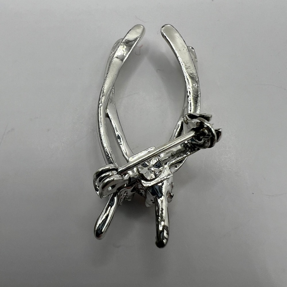 Vintage Double Wishbone Brooch Faux Pearl Blue Rhinestone Silver Tone‎ Pin - Picture 5 of 7